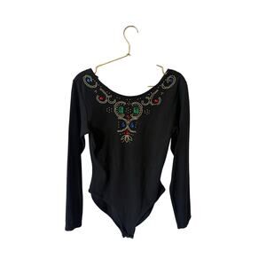 Vintage leotard bodysuit black embellished 80s colorful